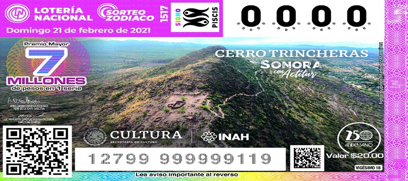 Destaca riqueza cultural de Sonora impresión de la imagen del Cerro de Trincheras en billete de la Lotería Nacional
