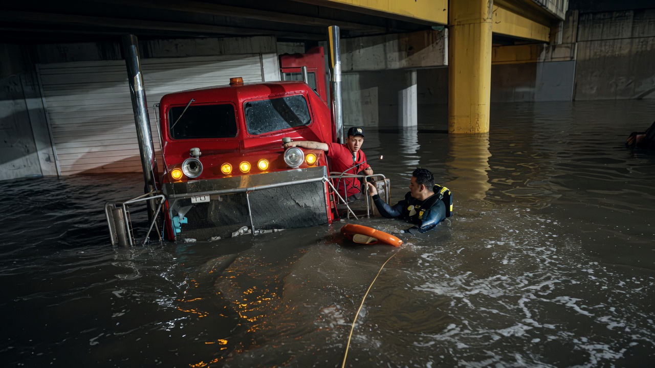 Rescatan a trailero tras inundación en paso a desnivel